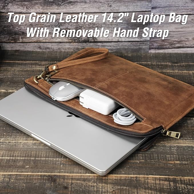 Top Grain Leather 14.2" Slim Laptop Sleeve Case Bag, Vintage Design with 2 Zip Pockets, Handmade, Compatible with MacBook Pro 14" 2021 2022 M1 Pro/M1 Max A2442 & Other PC, Brown 14.2 Inch