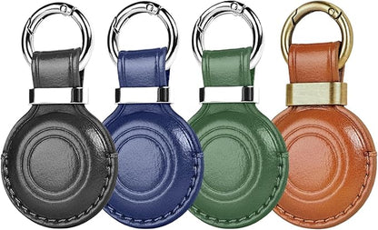 MOLOVA 4 Pack Leather for Airtag Holder Keychain, Compact Design with Air tag Case, Secure for Apple for Airtags Cover with Stainless Steel Ring Car Key Chain Fob Accessories, Black/Blue/Green/Vintage
