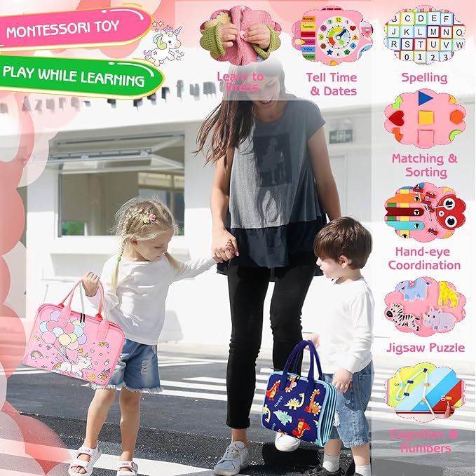 Esjay Toddler Busy Board Montessori Toys for Girls, Sensory Book Educational Activities for Learning Fine Motor Skills, Birthday Gifts for Girls Toddlers, Travel Toys for Airplane Car, Fairy Horse
