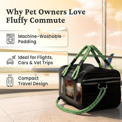 FLUFFY COMMUTE™ TSA Airline Approved Dog Carrier | Soft-Sided | Fits Small Dogs & Pets Up to 15 lbs & 17” Long × 11” Tall | Black w/Green Handle
