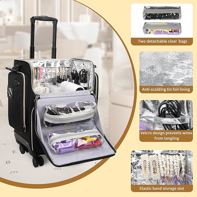 OCHEAL Hairstylist Traveling Case with a Large Makeup Travel Case with side Pocket for Hairstylist, Hairdresser Bag with Detachable Pouch,360° Rotatable Wheelsfor Hairdressing Tool Organizer