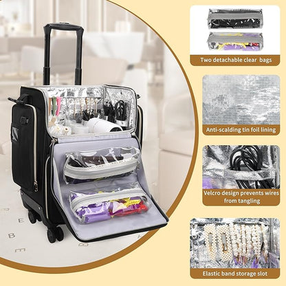 OCHEAL Hairstylist Traveling Case with a Large Makeup Travel Case with side Pocket for Hairstylist, Hairdresser Bag with Detachable Pouch,360° Rotatable Wheelsfor Hairdressing Tool Organizer