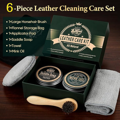 Leather Boot Care Kit - Mink Oil,Saddle Soap,Horsehair Brushes,Applicator & Microfiber Cloth,Flannel bag,Leather Work Boots Cleaning,Shoe boot Shine Cleaning Kit Gift for Cowboy Husband Dad