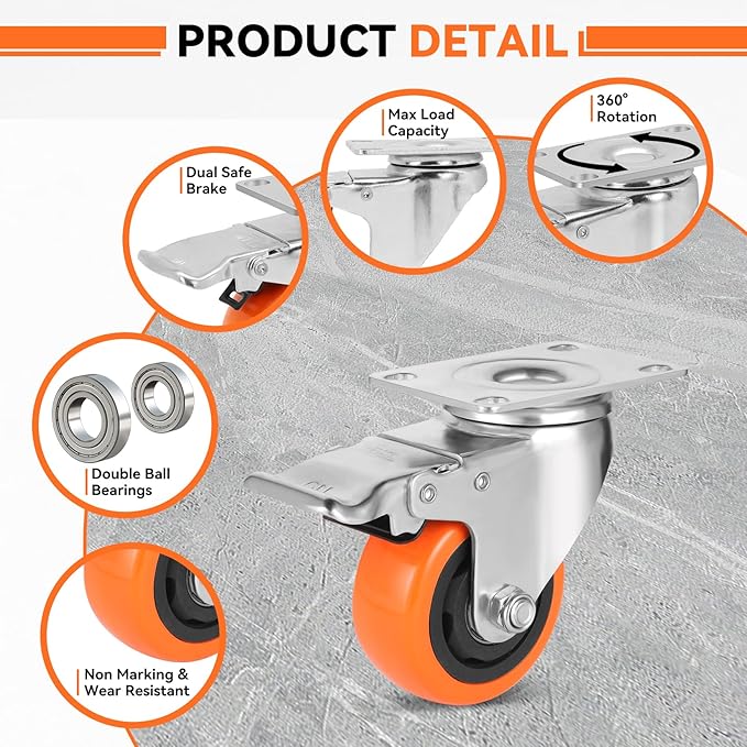 WBD WEIBIDA 3 Inch Swivel Caster Wheels with Brake, Safety Dual Locking Casters Set of 4 Heavy Duty of 1000lbs, Premium Polyurethane Wheels for Furniture and Workbench((Screws and Spanner)