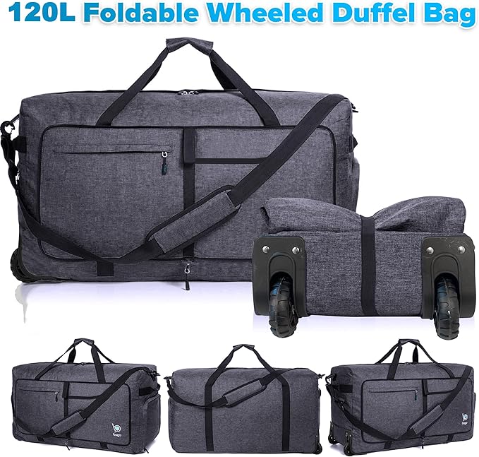Bago Rolling Duffle Bag with Wheels - 31" 120L Foldable Weekender Bag, Waterproof Travel Duffel Bag, Heavy Duty Lightweight Duffle Bag for Traveling, Rolling Duffel Bag with Wheels (SnowBlack0023)