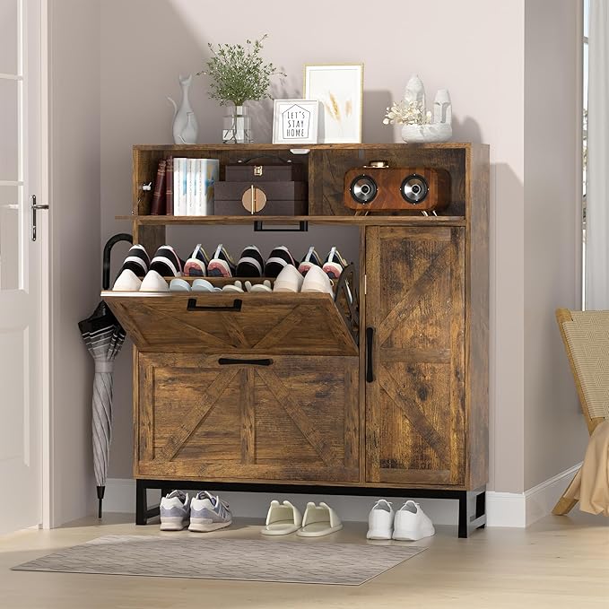 Betterhood Shoe Cabinet for Entryway with 2 Flip Drawers, Slim Freestanding Shoe Rack Organizer, Entryway Shoe Cabinet with Open Storage for Foyer and Hallway (Brown)