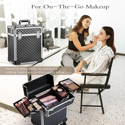 Rolling Makeup Train Case Large Cosmetic Trolley Organized Aluminum Barber Case for Hairstylist Makeup Nail Tech Salon with Keys Swivel Wheels Traveling Cart Trunk - Black