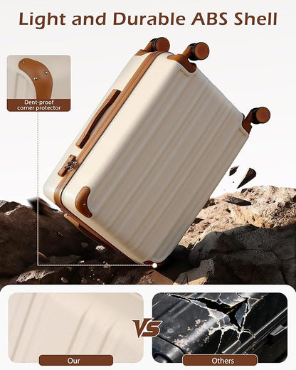 Coolife Luggage, Suitcase with Durable and Lightweight, Large Checked Luggage with ABS Hardshell Expandable, Dual Spinner Wheels, TSA Lock, and YKK Zipper (apricot white, L(28in))