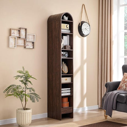 67" Tall Arched Bathroom Storage Cabinet, 8-Tier Modern Farmhouse Storage Cabinet with Adjustable Shelves, Wood Freestanding Cabinet for Bathroom, Living Room, Entryway, Hallway (Brown)