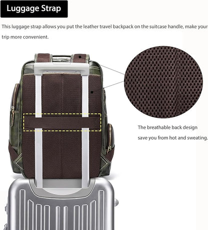LANNSYNE Vegetable Tanned Leather Backpack for Men, 15.6" Laptop Backpack Camping Travel 24L Rucksack