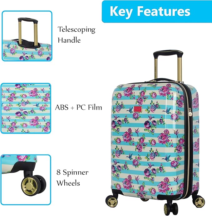 Betsey Johnson Designer 20 Inch Carry On - Expandable (ABS + PC) Hardside Luggage - Lightweight Durable Suitcase With 8-Rolling Spinner Wheels for Women (Stripe Floral Hummingbird)