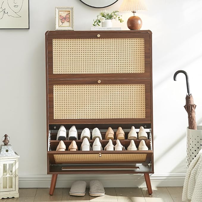 Rattan Shoe Cabinet with 3 Flip Drawers, 24 Pairs Narrow Shoe Storage Cabinet for Entryway Freestanding Hidden Shoe Rack, Modern Slim Wood Shoe Organizer for Hallway, Walnut