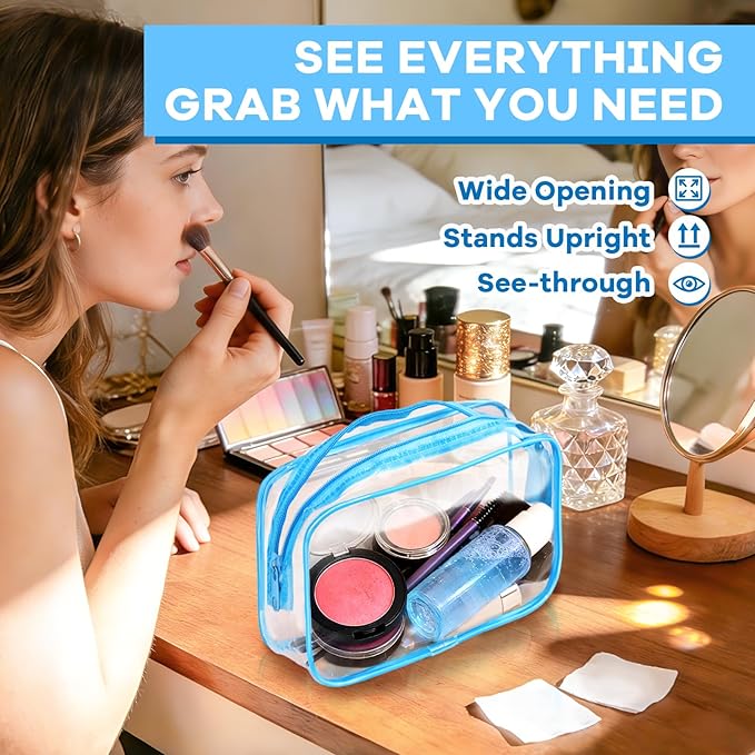 16 Packs Clear Makeup Bag Bulk, Waterproof Cosmetic Storage Bags, TSA Approved Toiletry Bags PVC Zipper Plastic Pouches for Organizing Travel Bathroom