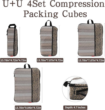U+U 4 Set Compression Packing Cubes - Ultralight Travel Organizers, Space-Saving Suitcase Organizer, Expandable Packing Cubes for Travel, Business Trip and Family Vacation (Leopard)