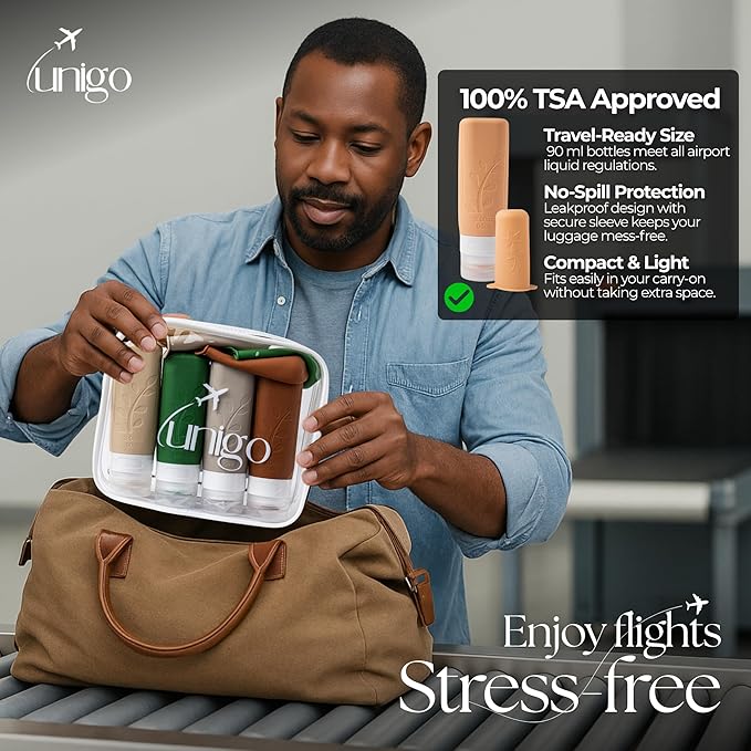 unigo Travel Bottles For Toiletries, 3.oz TSA Approved Containers, Travel Size Toiletries, Shampoo and Conditioner Bottles, Leak Proof and Refillable Bottles, Extra Bottle Covers (Multicolor C)