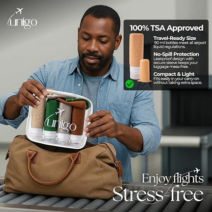 unigo Travel Bottles For Toiletries, 3.oz TSA Approved Containers, Travel Size Toiletries, Shampoo and Conditioner Bottles, Leak Proof and Refillable Bottles, Extra Bottle Covers (Multicolor C)