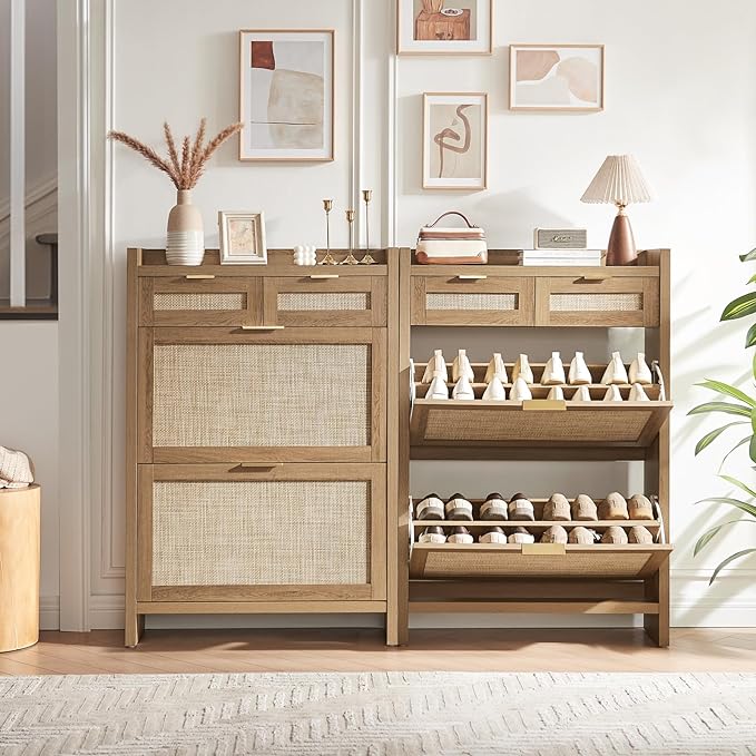 Rattan Shoe Storage Cabinet with 2 Drawers & 2 Flip Drawers – Hidden Slim Shoe Organizer for Entryway, Large Tabletop Space, Farmhouse Boho Narrow Shoe Rack, Rustic Oak