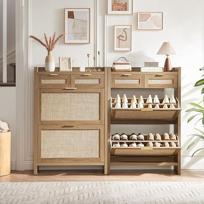 Rattan Shoe Storage Cabinet with 2 Drawers & 2 Flip Drawers – Hidden Slim Shoe Organizer for Entryway, Large Tabletop Space, Farmhouse Boho Narrow Shoe Rack, Rustic Oak