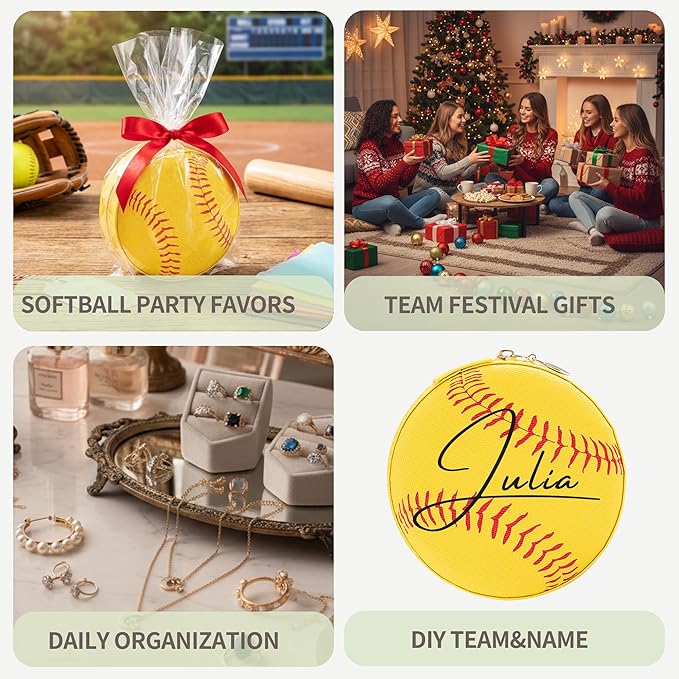 12-Pack Softball Mini Travel Jewelry Case Round Softball Stuff Portable Jewelry Organizer Storage Case for Christmas Sports Team Club Lovers Birthday Goodie Favors Gifts (Softball)