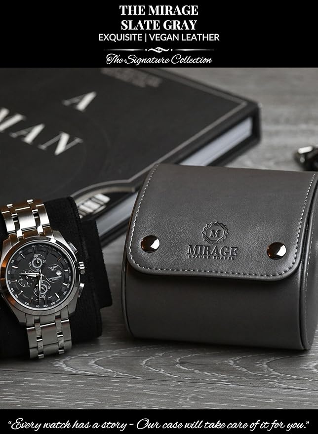 Single Watch Roll Case Watch Travel Case Box 1 Watch Display Case Slate Gray Swiss Motif Design Vegan Leather