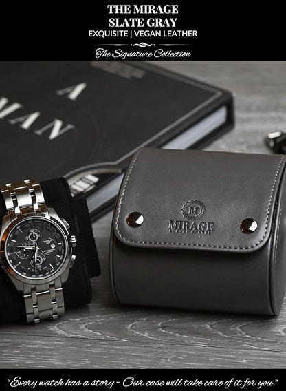 Single Watch Roll Case Watch Travel Case Box 1 Watch Display Case Slate Gray Swiss Motif Design Vegan Leather