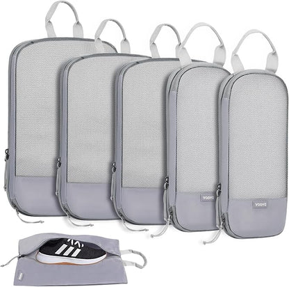 Voova 6 Set Compression Packing Cubes, Travel Accessories Expandable Packing Organizer Bags Set for Carry on Suitcase, Durable Luggage Packing Cubes for Travel Essentials,Grey