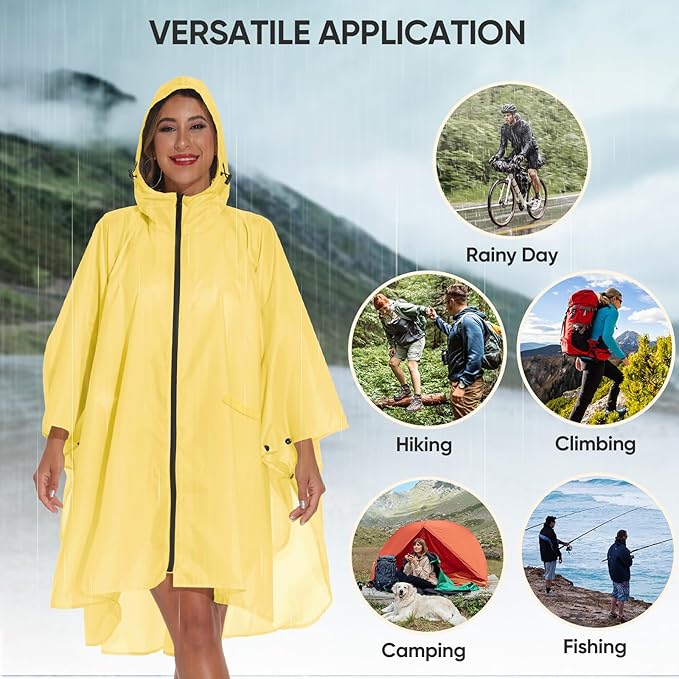 PTEROMY Hooded Rain Poncho for Adult with Pocket and Zipper, Waterproof Lightweight Raincoat for Men and Women