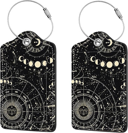 2 Pcs Luggage Tags for Suitcase, Cute Unique PU Leather Travel Bag Tag with Privacy Cover ID Label Address Card and Durable Metal Ring Suitable for Men Women Children Backpack,Cosmic Constellation