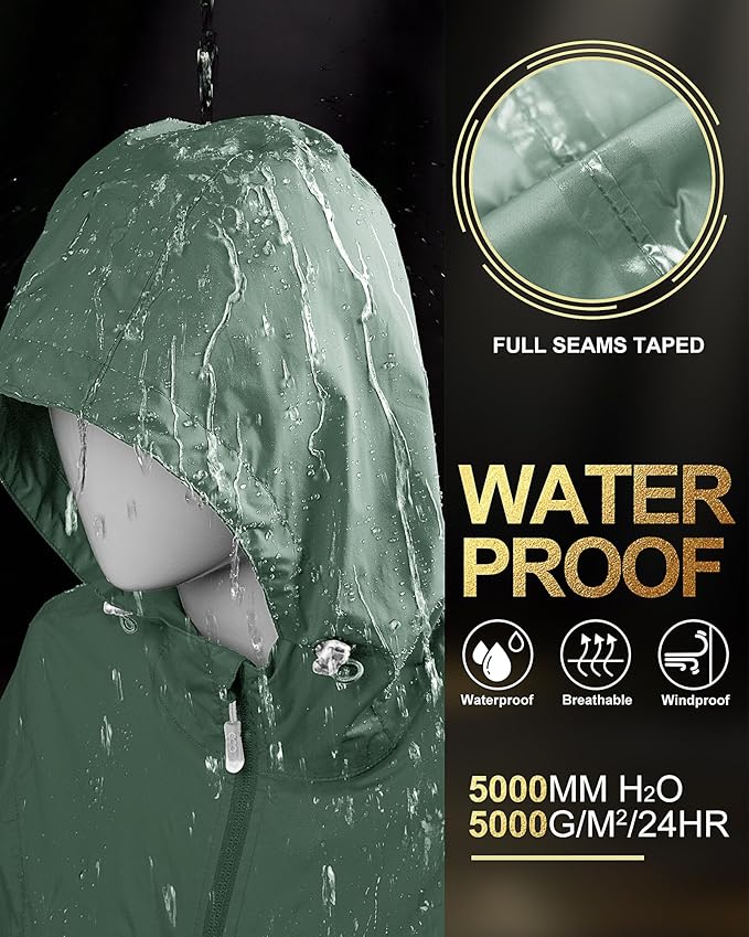 33,000ft Women's Waterproof Long Rain Coats Packable Rain Jacket with Hood Trench Coats Windbreaker