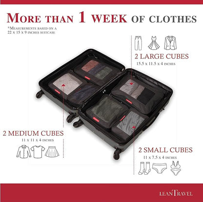 LeanTravel Compression Packing Cubes for Travel Organizers with Double Zipper (6-Pack (2L+2M+2S), Black)