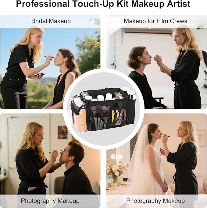 TANTO Travel Makeup Bag Small Cosmetic Bag Makeup Artist Bag Professional Touch Up Makeup Kit Bags with Detachable Dividers Multi Pocket Cosmetic Storage Organizer for Beauty Pros (Black)