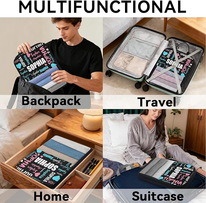 Personalized 6 Set Compression Packing Cubes for Travel Essentials with Name Customized Lightweight Carry on Expandable Luggage Organizer Bags for Women and Men, Black
