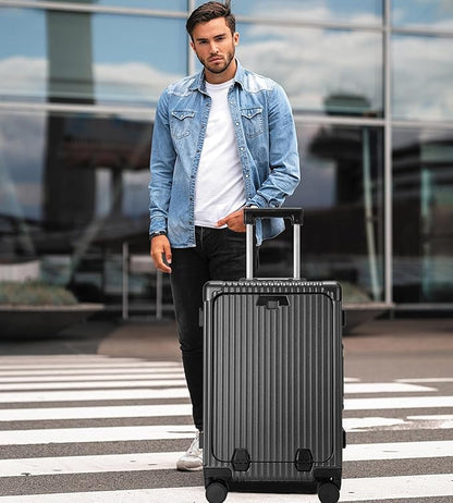 feilario 24in Aluminium Frame Zipperless PC Hard Shell Spinner Wheels Luggage, Built-In TSA lock Carry on Suitcase, with Cup Holder, USB Port, Phone Holder