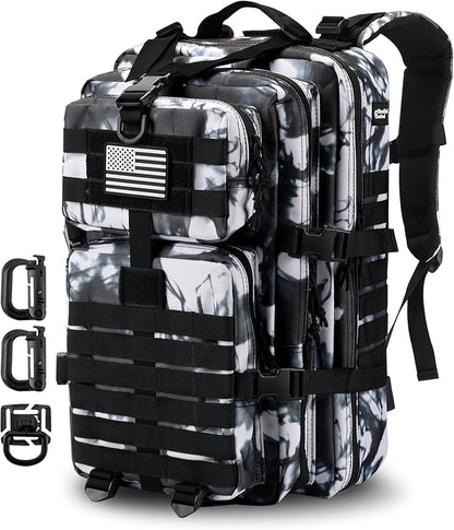 MOLLE Assault Backpack, Tactical Backpack Military Army Camping Rucksack, 3-Day Pack Trip w/USA Flag Patch, D-Rings, Black White camo