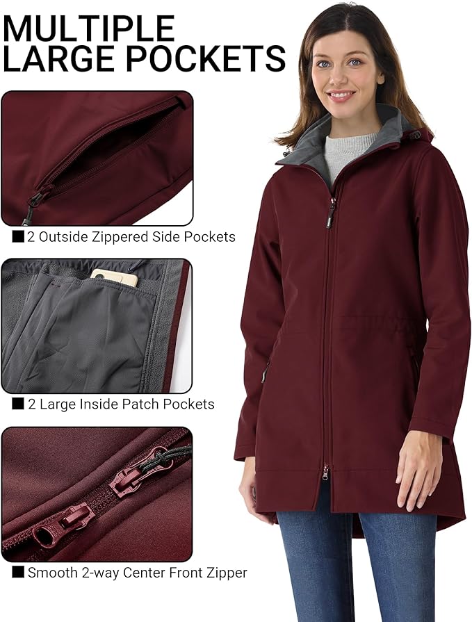 Outdoor Ventures Women's Softshell Jacket with Removable Hood Fleece Lined Windbreaker Insulated Long Warm Rain Jacket