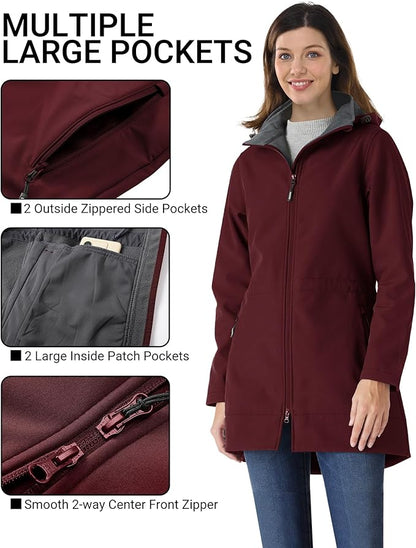Outdoor Ventures Women's Softshell Jacket with Removable Hood Fleece Lined Windbreaker Insulated Long Warm Rain Jacket