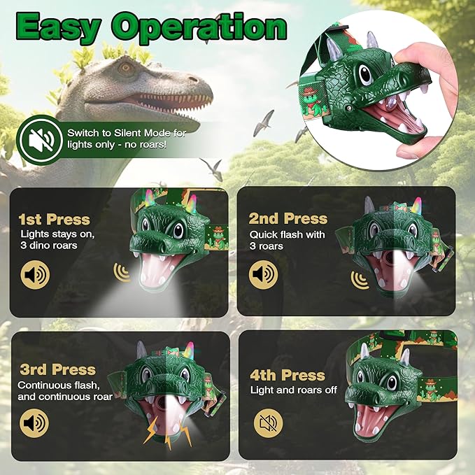 EverBrite Kids Dragon Headlamp with RGB Lights, LED Head Lamp with Roar & Silent Mode, Batteries Included, Fun Hands-Free Headlight for Boys & Girls, Great Gift for Birthday & Christmas, Dragon Toy