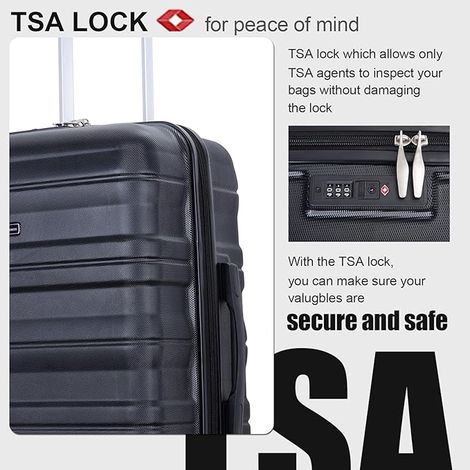 3 Piece Luggage Sets, PC Lightweight Expandable Suitcase with Two Hooks, Spinner Wheels, TSA Lock, (20/24/28) (Black)