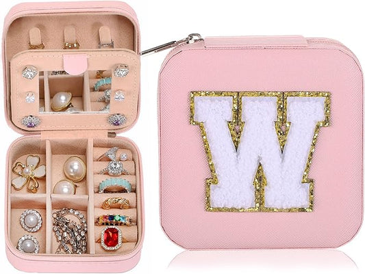 Small Jewelry Box Travel Jewelry Case Jewelry Holder Organizer,Travel Essentials Box Jewelry Organizer,Personalized Birthday Gifts for Teen Girls Women Initial W, pink