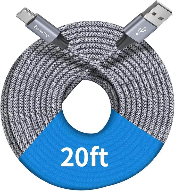 Baiwwa Extra Long USB C Cable 20ft, USB A to Type C Cable Charger Cord Premium Nylon Braided for iPhone 16 15 Series Samsung Galaxy Note Tab, Moto, LG, Pixel and More USB C Smartphone & Tablet