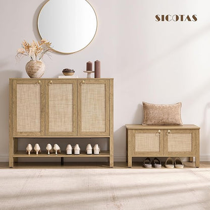 SICOTAS Rattan Shoe Cabinet for Entryway - 2 Pieces Large Boho Shoe Storage Organizer with Adjustable Shelves & 3 Doors, Tall Shoe Rack Cabinet for Hallway, Living Room (Carbon Cherry)
