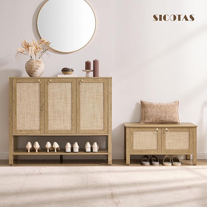 SICOTAS Rattan Shoe Cabinet Storage for Entryway - 30 Pairs Boho Shoe Storage Organizer with Adjustable Shelves & 3 Doors, Tall Shoe Rack Cabinet for Hallway, Living Room (Carbon Cherry)