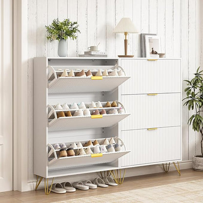 Slim Shoe Cabinet with 3 Flip Drawers, Fluted Shoe Cabinet Storage for Entryway, Narrow Shoe Storage Cabinet, Modern Freestanding Shoe Rack Organizer for Entryway, White