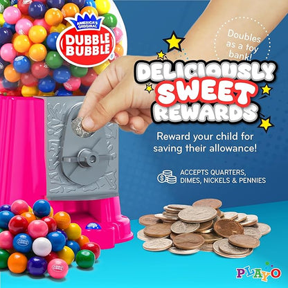 8.5" Coin-Operated Gumball Machine Bank with 85 Gumballs - Pink Candy Dispenser Toy for Kids