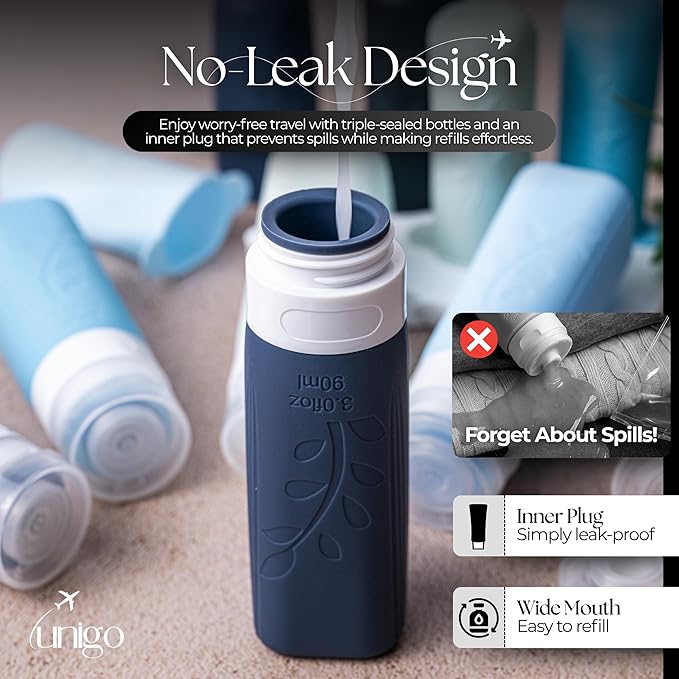 unigo Travel Bottles For Toiletries, 5-pack 3.oz TSA Aprroved Travel Size Bottles, Containers For Toiletries, BPA Free, Leak Prrof, Refillable Containers Bottles (Blue)