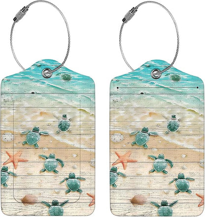 2 Pcs Luggage Tags for Suitcase, Cute Unique PU Leather Travel Bag Tag with Privacy Cover ID Label Address Card and Durable Metal Ring Suitable for Men Women Children Backpack,Turtle and Starfish