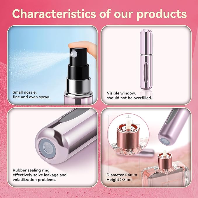 Refillable Perfume Portable Atomizer Bottle Refillable Perfume Spray, Travel Perfume (5ml, 4 Pack) (Silver, Pink, Gold, Black)