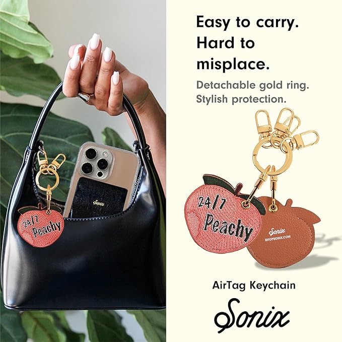 Sonix Keychain Case Compatible with Apple AirTag | Protective AirTag Cover Keychain Charm | 24/7 Peachy, Embroidered Peach Charm | Peach