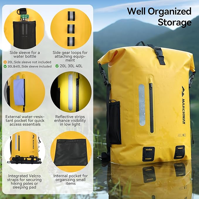 MARCHWAY Roll Top Waterproof Backpack, Floating Dry Bag 20L/30L/45L with Ergonomic Rectangular Base, Cushioned Back, Hip Strap for Hiking Camping Kayaking Travel (Yellow, 45L)