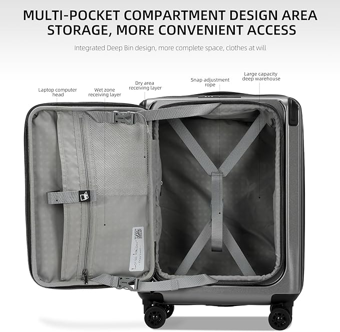 Premium Carry On Luggage, 20 Inch Top Opening Aluminum Frame Lightweight Airline Approved ABS+PC Hard Shell Suitcases with Silent Wheels, TSA Lock, Front Pocket and Wet-dry Separated Six-piece Set